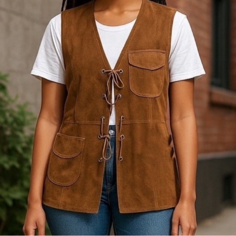 ZARA BROWN LEATHER LACE-UP FESTIVAL BOHO VEST SIZE MEDIUM - Picture 3 of 16